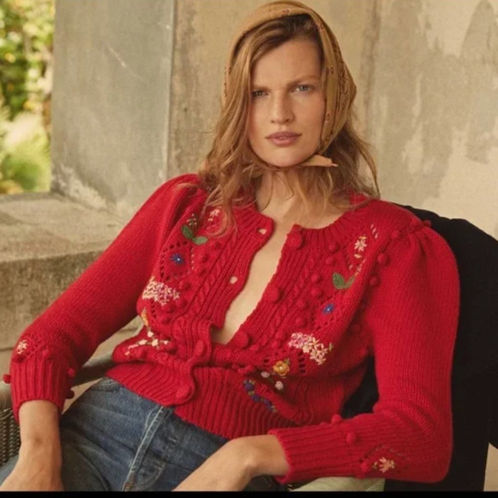 Doen Forget-Me-Not Red Cardigan Sweater